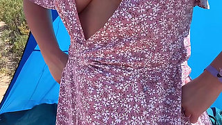 Flashing Pussy Outdoors in a Wrap Dress No Panties