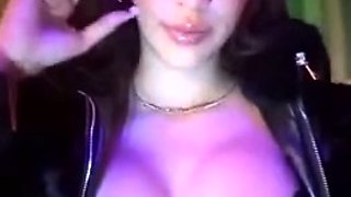 Busty curly brunette with big boobs fucks on couch