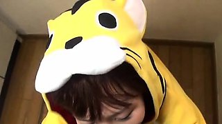 Subtitled POV Japanese blowjob cosplay in the kitchen