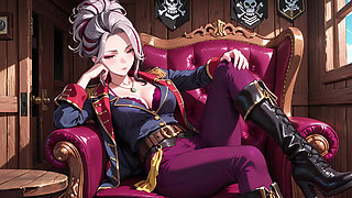 Silver-Haired Pirate Queen! Sun-drenched ship cabin, navy uniform slightly damp, kneeling with a teasing gaze.