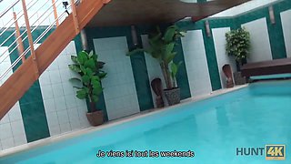 Sexy brunette gets fingered & fucked in a private pool while being cuckolded