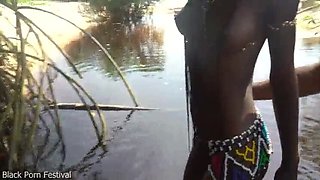 Skinny African Girl Dolcina Surprised by Dickmatiser Outdoor Bathing in Forest