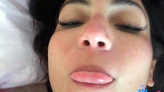 Teen girlfriend Mira Luv gives a sloppy blowjob before