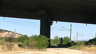 Slave Tih Shows Her Pussy and Tits Under the Bridge