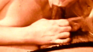 Stockinged Blonde Worships Mustached Stud in Red-tinted Vintage Trio