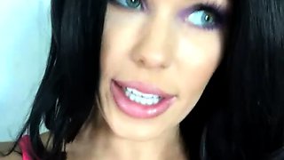 Busty curly brunette with big boobs fucks on couch