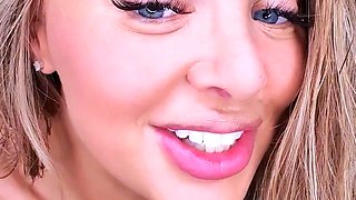 Hot Blonde Babe in Black Nylons Masturbates Solo