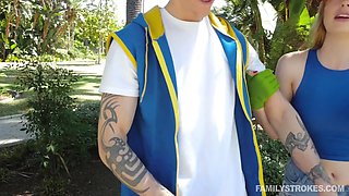 Cute gamer chick pounds her dangled step-bro