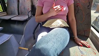 Dickflash on the bus a stranger shows her tits and helps me finish a risky handjob