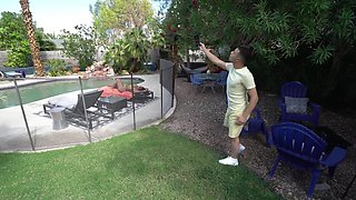 Slutty latina milf with big naturals gets pounded by her boyfriend near a swimming pool