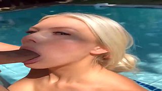 Fine looking blond with lovely, rock hard knockers is inhaling and railing chisel next to the swimming pool