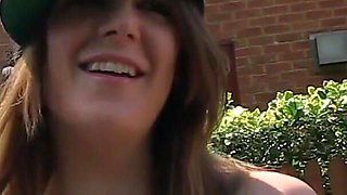 Chessie Kay shows off her natural boobs and pisses on the grass along the boulevard to be happy