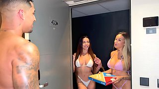 Two horny ladies invite a delivery guy to their bed