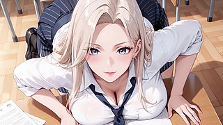 Blonde Teacher! The Fatal Seduction Under an Open White Shirt, lazily leaning on the classroom desk.