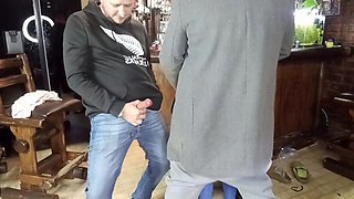 Good looking hotty  having fun two guys in the bar