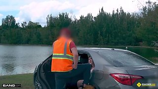 Highway Encounter: Blonde Stunner Harper's Rescue by Mechanics with Monster Cocks