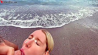 Blonde Deep Sucking And Had Cowgirl Sex On The Beach - Cumshot