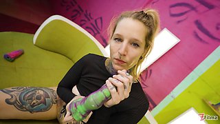 Alt Blonde Girl with Tattoos Masturbate with Crazy Toys