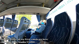 Milf flashes her tits in a bus and masturbates crossed legs to orgasm