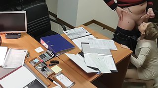 Hot office secretary sucks and rides her boss on the desk
