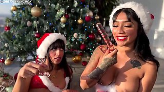 Santa's Little Sluts Open Christmas Gifts with Big Tits Lesbian Sex