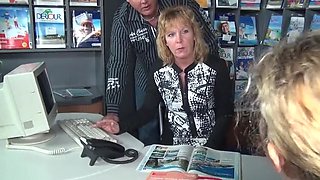 Horny German Threesome Blowjob at Travel Agency with Big Natural Tits