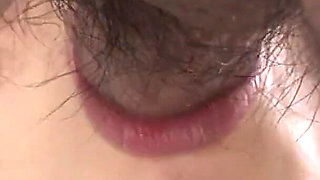 Skinny Japanese babe blows a man with hairy and big dick