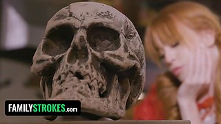 Step-father & daughter-in-law are giant bad wolf & little crimson riding hood for halloween & stepmom is envious