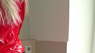 Blonde latex bitch pounding hard on my big dick in every room