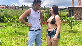 Chubby Latina in booty shorts bouncing on my cock while we are on a backyard