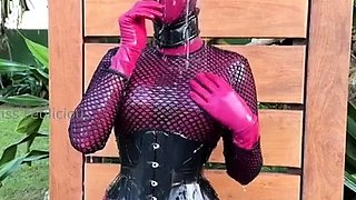 Outdoor solo masturbation scene with curly blonde