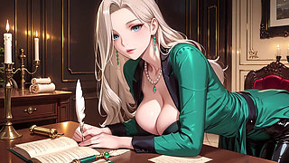 Green Suit Secretary! Ordered to organize files in the study, she deliberately exposes her deep V-neck and long legs.