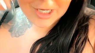 Busty curly brunette with big boobs fucks on couch