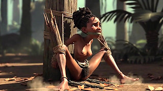 African Girl Bound in Rope Bondage - Hairy Wet Pussy Craving for Cock