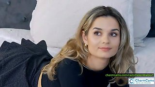 HelenWaldorf Bedtime Tease — Blonde Hair, Skirt-Lift, Thigh-High Invitation for Roleplay Cam