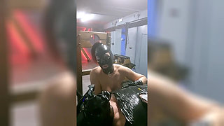 The Slave Suffers with a Breathing Mask During Hard Dilation.