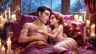Erotic Fantasy Romance - Golden Jewelry Couple Deep Kissing & Bed Play