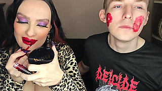 Juicy Sticky Loud Aggressive Kisses All Over a Guy's Face with Red Lipstick