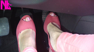 Barefoot Driving and Revving in Vivid Pink High Heeled Sandals