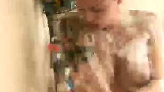 Amateur busty brunette masturbates and does hand job