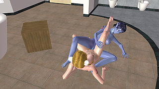 Animated 3D Lesbian Porn - Young Woman and Blue Elf Woman Rubbing Pussies on Floor