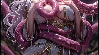 White-haired elven priestess with worm monster, anime hentai