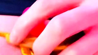 Vulva rubbing close up with blonde handling monster dildo