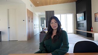 Brunette milf in those glasses rubs her pussy on camera and getting pounded hard on the dick