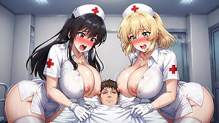 Two cute nurses with big breasts cum in the ward