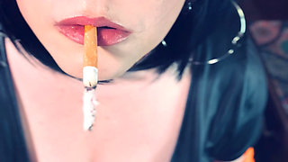 Satin Gloved Cougar Tina Snua Tip To Tails 2 Cigarettes  - Gloves Smoking Smoker Chain Smoking