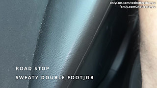 Road stop car sweaty double cumshot footjob