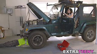 Car mechanic with huge boner gets to fuck a hot small beauty