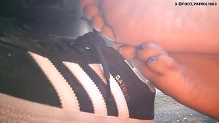 Barefoot Passenger Blue Toes Foot Play While Riding in the Car