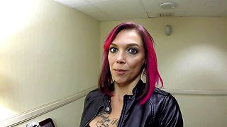 Public, big boobs, pink hair
